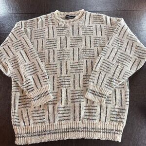 Vintage Tony Lambert Men’s Cream and Multicolor Patterned Crewneck Sweater Sz L